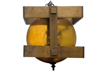 MCM Leviton Caged Amber Glass Hanging Light Fixture