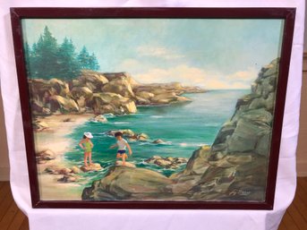 Very Vintage Nice Oil On Canvas By Artist Liz Barry - Seascape With Children - Framed - 19' X 15'  Very Nice