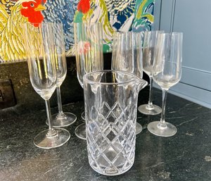 Riedel Champagne Flutes With Cut Glass Cocktail Mixing Glass