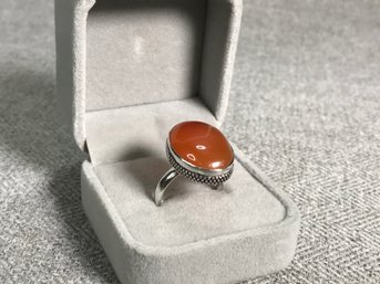 Lovely Sterling Silver / 925 Cocktail Ring With Highly Polished Carnelian - Very Pretty Ring - Great Gift !