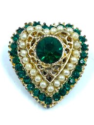 Gorgeous Vintage Multi-tier Goldtone, Faux Pearl, & Emerald Rhinestone Brooch