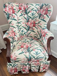 Vintage Upholstered Wingback Chair With Wood Frame & Tufted Back, Matches Drapes In Following Lot