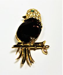 Another Signed Gold Tone Bird On A Branch Brooch Purple Stone