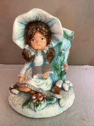 Vintage Garden Sculpture Of A Little Girl In Blue Reading A Book