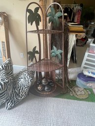 Fabulous Tiered Bronze Metal Corner Shelf / Plant Stand With Metalwork Palm Tree Design