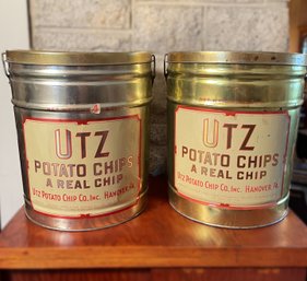 Two Large UTZ Potato Chip Cans With Handles And Lids