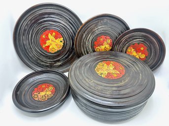 New In Box Japanese Large Serving Bowl With Cover & 4 Dishes, Natural Coated Wood With Lacquer Decoration