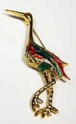 Gold Tone Enamel Large Egret Bird Brooch