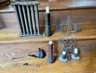 Primitive Tin Candle Mold, Wood Candle Holders & Candle Wick Scissors