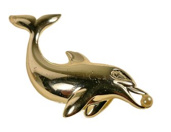 Signed Napier Silver Tone Dolphin Brooch Rhinestone And Pearl