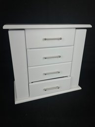 White, Wooden Jewelry Chest, With Drawers, A Place For Rings And Hidden, Swing Out Sides To Hide Necklaces