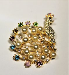 Gold Tone Colorful Rhinestone Peacock Brooch