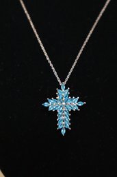 925 Sterling Silver With Blue Stones Cross Pendant On Sterling Silver Chain
