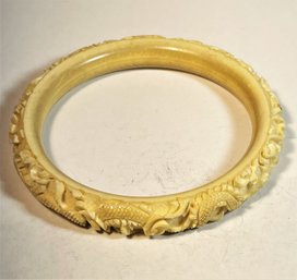 Antique Chinese Hand Carved Bone Bangle Bracelet Having Dragon Motif