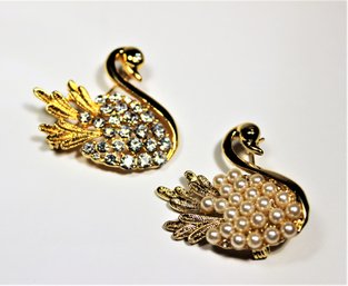 Pair Gold Tone Faux Pearl And Rhinestone Swan Brooches