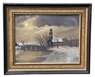 Antique 1901 Oil On Board Painting Of Stone Bridge And Church