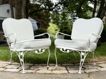 A Lovely Pair Of Vintage Wrought Iron Arm Chairs With Custom Cushions, Woodard, Possibly Mayfair, C. 1950'S