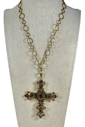 Contemporary Gold Tone Rhinestone Large Cross Pendant Gold Tone Chain 20'