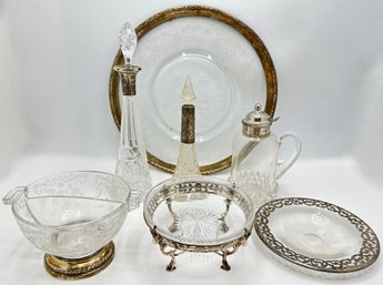 7 Some Silver Plater & Sterling Platters, Decanters & Serving Bowls