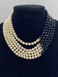 Stunning Vintage Signed Brevettato Italian Faux Pearl & Jet Multistrand