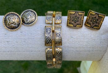 Beautiful Damascene Link Bracelet & Earring Lot