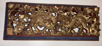 Antique 19th Century Chinese Carved Wood Gilt Panel With A Pair Of KYLIN/ FOO BEASTS