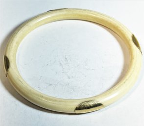 Antique Carved Bone Bangle Bracelet Having Gold Oval Applied Panels