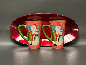 A Red Melamine Platter & Two Christmas-Themed Ceramic Mugs