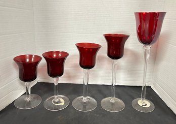 5 Vintage Glass Votive Holders Varying Heights Ruby Red Clear Stems. 212/ A4