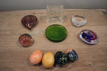 Glass Paperweight Lot Including  Four(4) Marbled Eggs, Art Glass Multicolored Weight, PC Clear Block Bank