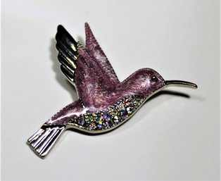 Hummingbird Silver Tone Enamel Rhinestone Brooch