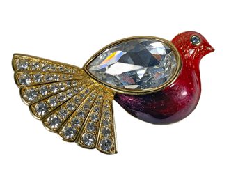 Designer Gold Tone Rhinestone Enamel Large Bird Brooch