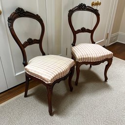 A Pair Of Hardwood Victorian Balloon Back Chairs With Silk Upholstery- Upstairs Primary