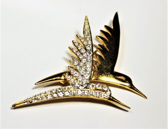 Gold Tone White Rhinestone Double Bird Brooch