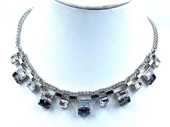 Silvertone Elegant Art Deco Evening Necklace W/ Clear & Smoked Rhinestones