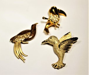 Lot Three Gold Tone Rhinestone Costume Brooches Of Birds