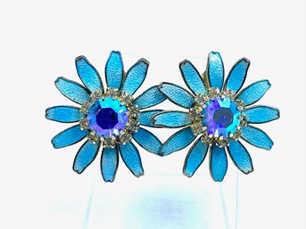 Fun & Fabulous Blue Daisy Button Style Earrings W/ Center AB Stone