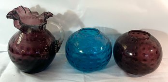 Beautiful Dimpled Glass Art Pitcher & Vases