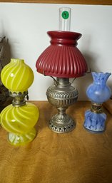 THREE ANTIQUE OIL LAMPS