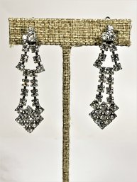 Pair Vintage White Rhinestone Drop Earrings Ear Clips