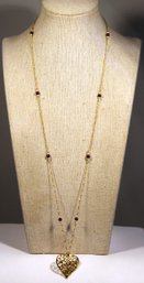 1928 Gold Tone And Garnet Heart Pendant Necklace 26' Long