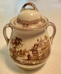 Antique Ironstone Brown &  White Transfer Ware Lidded Jar