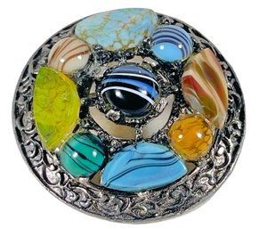 Vintage Costume Silver Tone Celtic Brooch W Glass Agate Stones