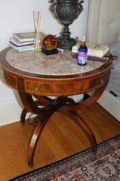 Round Marble Top Mahogany Lamp Table With Drawer