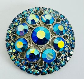 VINTAGE BLUE AURORA RHINESTONE SILVER TONE BROOCH