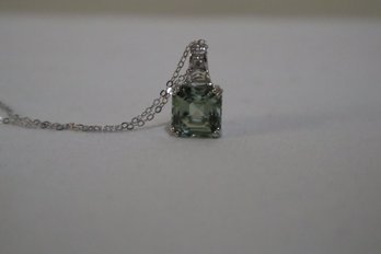 925 Sterling Silver With Light Green Stone And Clear Stones Pendant Marked STS Chuck Clemency Chain 925 Italy