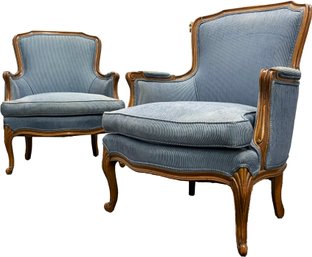 A Pair Of Vintage French Provincial Bergeres In Corduroy, C. 1950's