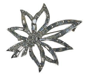 Large Baguette Rhinestone Rhodium Plated Leaf Form Brooch