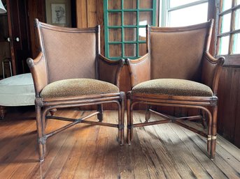 Pair Of Mid Century Caned Back Burnished Bamboo Arm Chairs
