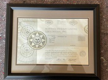 Martha Stewart Living Omniedia Inc, Framed And Inscribed On The Back, One Certificate Of Stock .